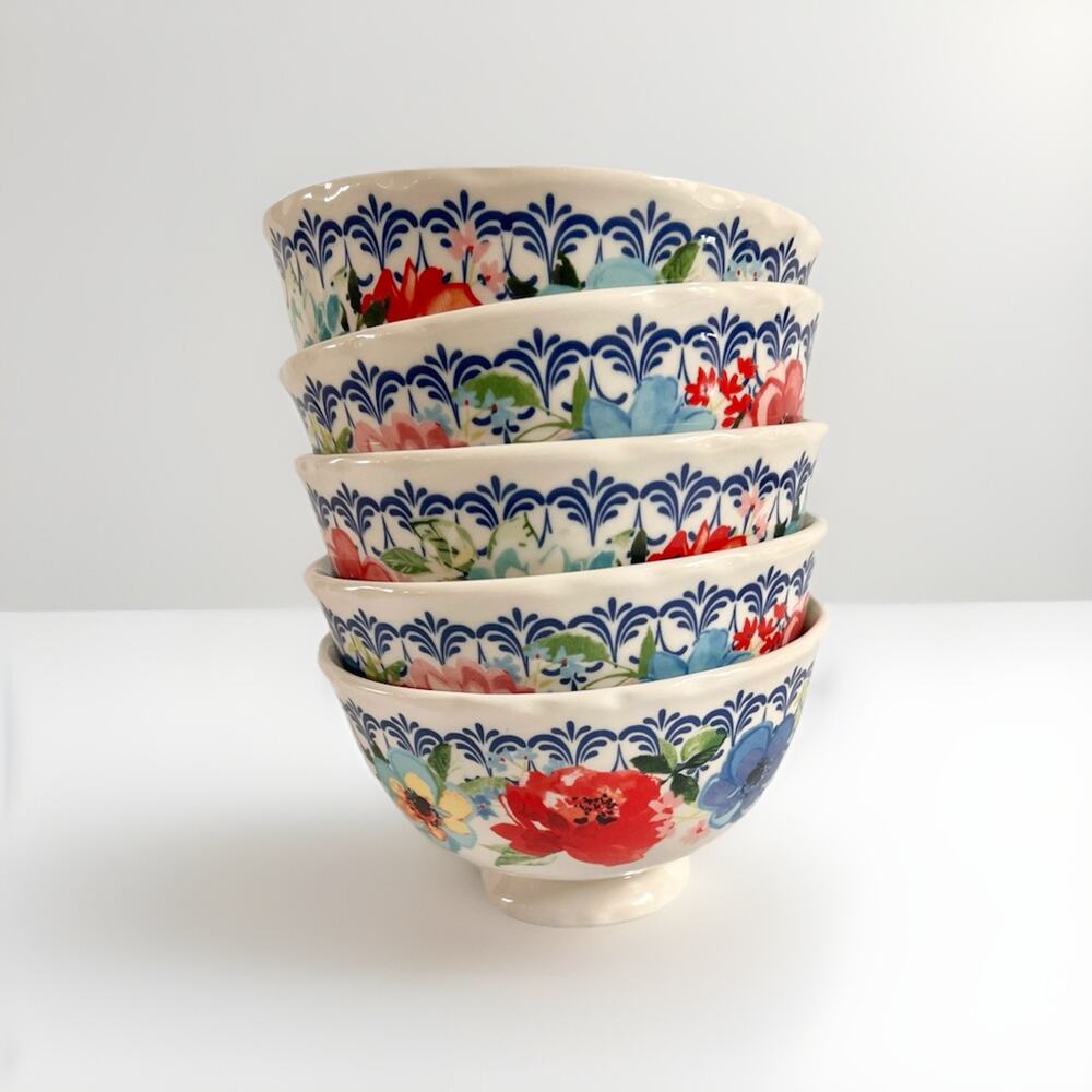 Set of 5 The Pioneer Woman Melody Floral Bowls Blue Red Footed Scalloped Ceramic
